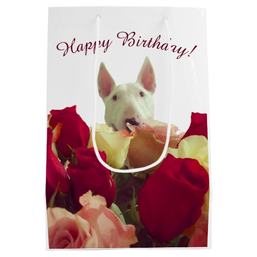 Bull Terrier mit Rose - Happy Birthday! Mittlere Geschenktüte (Rückseite)