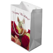Bull Terrier mit Rose - Happy Birthday! Mittlere Geschenktüte (Rückseite Schrägansicht)