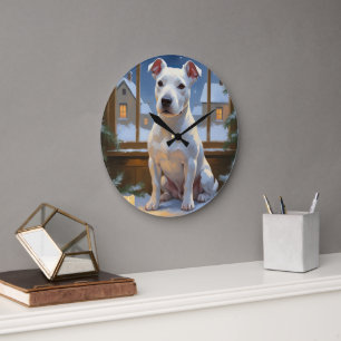 Bull Terrier mit Weihnachtsbeleuchtung Urlaub Große Wanduhr