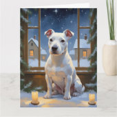 Bull Terrier mit Weihnachtsbeleuchtung Urlaub Karte (Vorderseite)