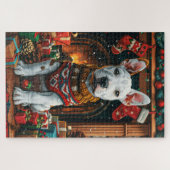 Bull Terrier mit Weihnachtsgeschenken Feuerplatz Puzzle (Horizontal)
