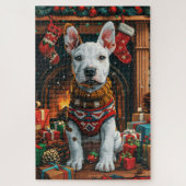 Bull Terrier mit Weihnachtsgeschenken Feuerplatz Puzzle (Vertikal)
