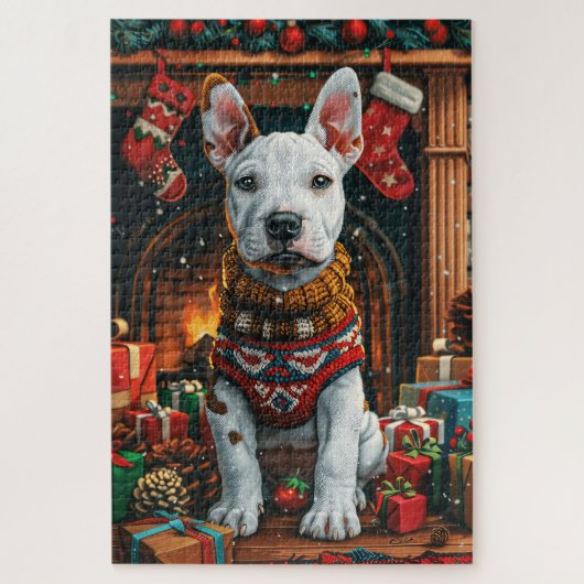 Bull Terrier mit Weihnachtsgeschenken Feuerplatz Puzzle (Vertikal)
