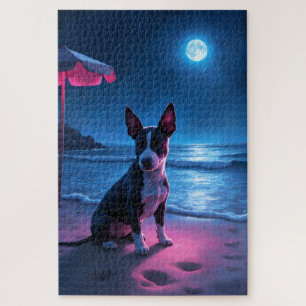Bull Terrier Neon-Strand-Nachtszene Puzzle