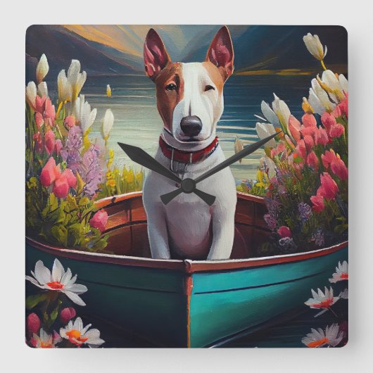 Bull Terrier on a Paddle: Ein Landschaftliches Abe Quadratische Wanduhr (Vorderseite)