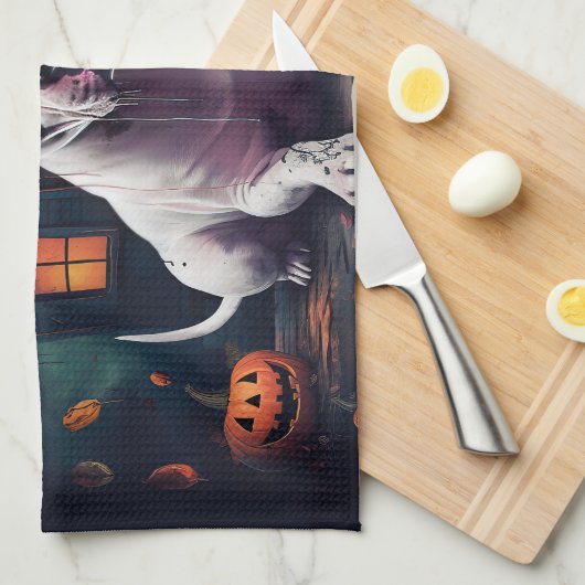 Bull Terrier Pumpkins Halloween Beängstigend Geschirrtuch (Viertel Falte)