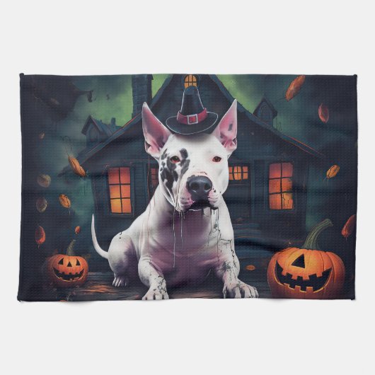 Bull Terrier Pumpkins Halloween Beängstigend Geschirrtuch (Horizontal)