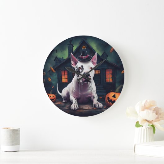 Bull Terrier Pumpkins Halloween Beängstigend Große Wanduhr (Zuhause)