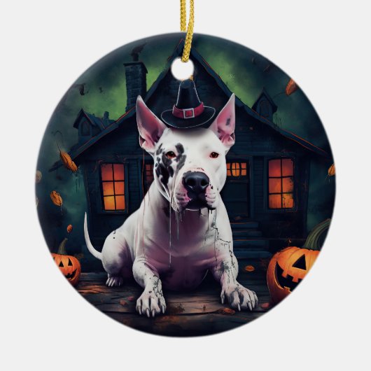 Bull Terrier Pumpkins Halloween Beängstigend Keramik Ornament (Vorne)
