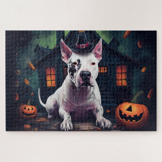 Bull Terrier Pumpkins Halloween Beängstigend Puzzle (Horizontal)