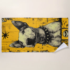 Bull Terrier Punk-Porträt mit grünem gelben Hinter Strandtuch