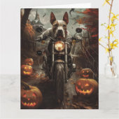 Bull Terrier Riding Motorrad Halloween Beängstigen Karte (Gelbe Blume)