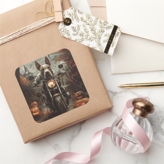 Bull Terrier Riding Motorrad Halloween Beängstigen Quadratischer Aufkleber (Schenken)