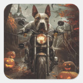 Bull Terrier Riding Motorrad Halloween Beängstigen Quadratischer Aufkleber (Vorderseite)