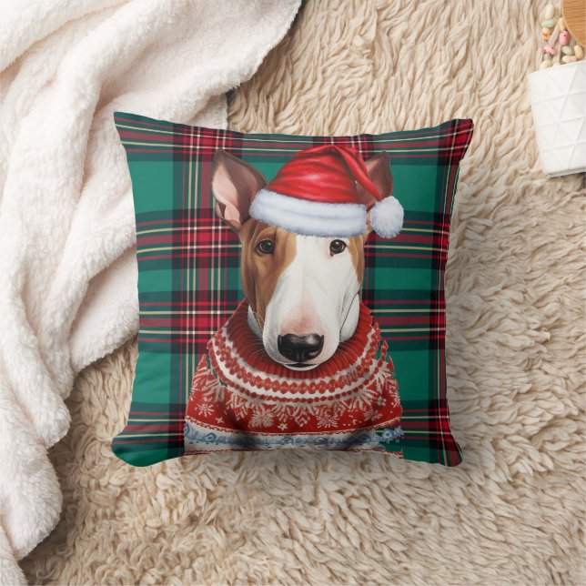 Bull Terrier Rot und Grün Karierter Weihnachtsurla Kissen (Decke)