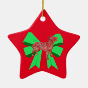 Bull Terrier Silhouette Dog & Green Bow Weihnachte Keramik Ornament