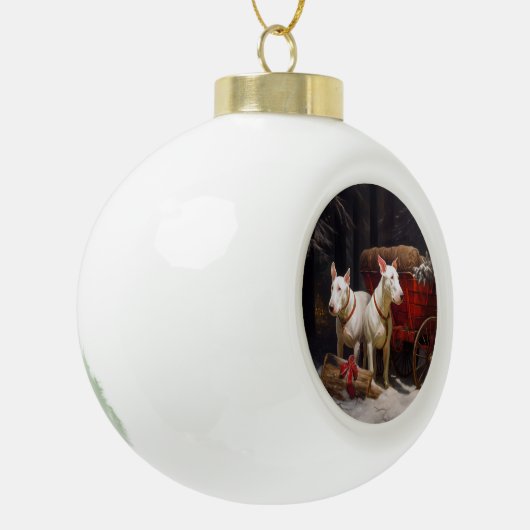 Bull Terrier Snowy Sleigh Weihnachtsdekor Keramik Kugel-Ornament (Links)