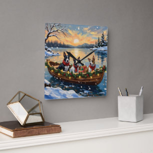 Bull Terrier Weihnachtsboot Urlaub Quadratische Wanduhr