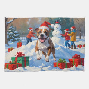 Bull Terrier Weihnachtsfest Schnee Szene Geschirrtuch