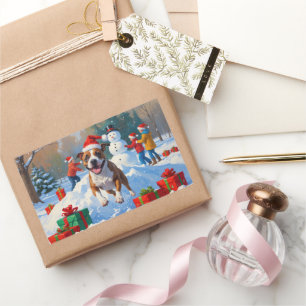 Bull Terrier Weihnachtsfest Schnee Szene Rechteckiger Aufkleber