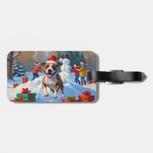 Bull Terrier Weihnachtsfest Schneeszene Gepäckanhänger (Rückseite horizontal)