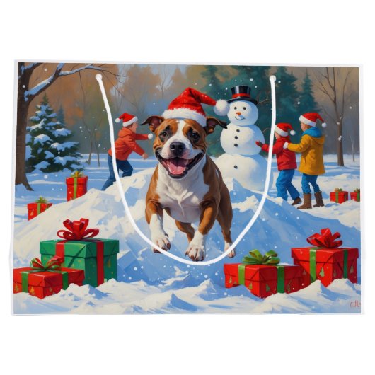 Bull Terrier Weihnachtsfest Schneeszene Große Geschenktüte (Rückseite)