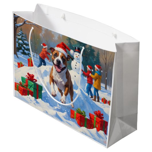 Bull Terrier Weihnachtsfest Schneeszene Große Geschenktüte (Rückseite Schrägansicht)