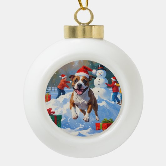 Bull Terrier Weihnachtsfest Schneeszene Keramik Kugel-Ornament (Vorderseite)