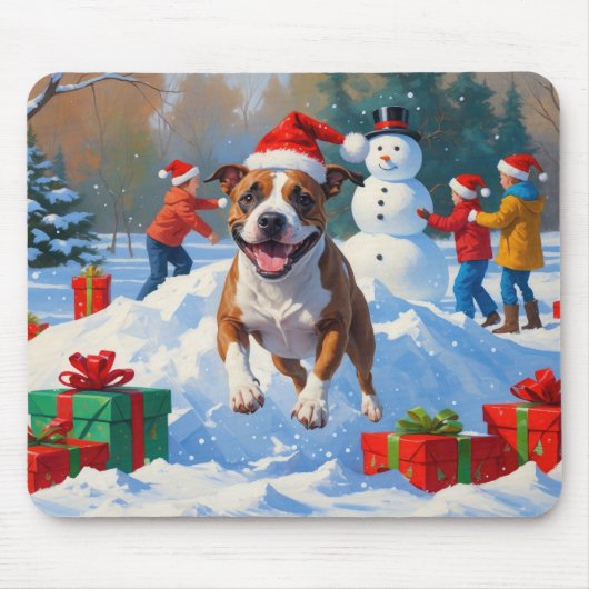 Bull Terrier Weihnachtsfest Schneeszene Mousepad (Vorne)