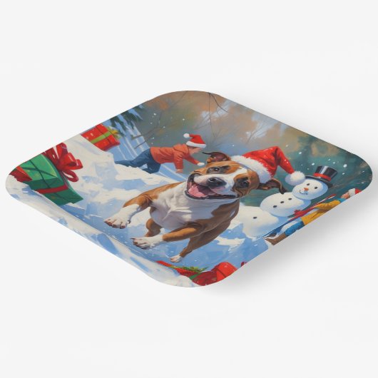 Bull Terrier Weihnachtsfest Schneeszene Pappteller (Gewinkelt)