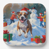 Bull Terrier Weihnachtsfest Schneeszene Pappteller (Vorderseite)