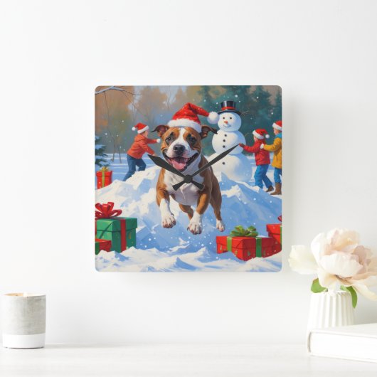 Bull Terrier Weihnachtsfest Schneeszene Quadratische Wanduhr (Zuhause)