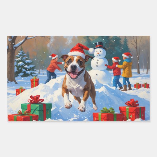 Bull Terrier Weihnachtsfest Schneeszene Rechteckiger Aufkleber (Vorderseite)
