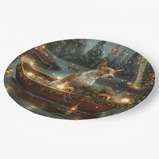 Bull Terrier Weihnachtsreise Pappteller (Schrägansicht)