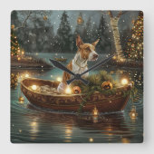 Bull Terrier Weihnachtsreise Quadratische Wanduhr (Vorderseite)