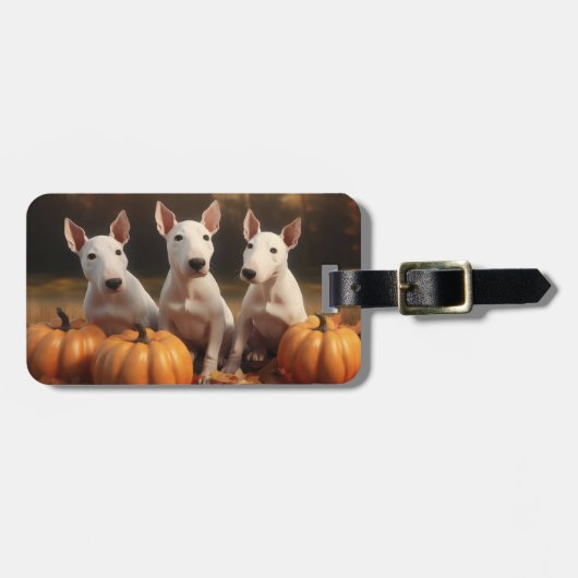Bull Terrier Welpe Autumn Delight Pumpkin Gepäckanhänger (Vorderseite horizontal)