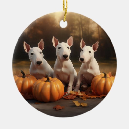 Bull Terrier Welpe Autumn Delight Pumpkin Keramik Ornament (Vorne)