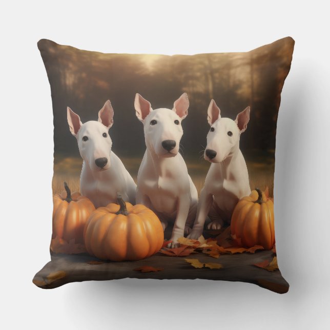 Bull Terrier Welpe Autumn Delight Pumpkin Kissen (Vorderseite)
