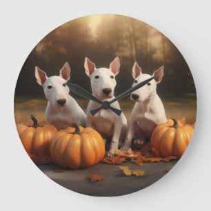 Bull Terrier Welpe Herbstfreude Kürbis Große Wanduhr