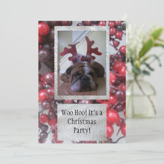 Bulldog als Rentiere Weihnachts-Party Einladungen (Stehend Vorderseite)