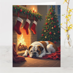 Bulldog am Kamin Weihnachtsbild Karte