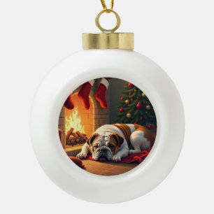 Bulldog am Kamin Weihnachtsbild Keramik Kugel-Ornament