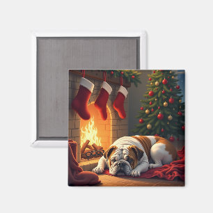 Bulldog am Kamin Weihnachtsbild Magnet