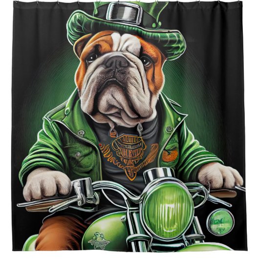 Bulldog Autofahrrad St. Patrick's Day Duschvorhang (Vorderseite)