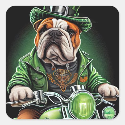Bulldog Autofahrrad St. Patrick's Day Quadratischer Aufkleber (Vorderseite)