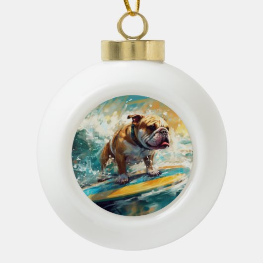 Bulldog Beach Surfgrafik Keramik Kugel-Ornament (Vorderseite)