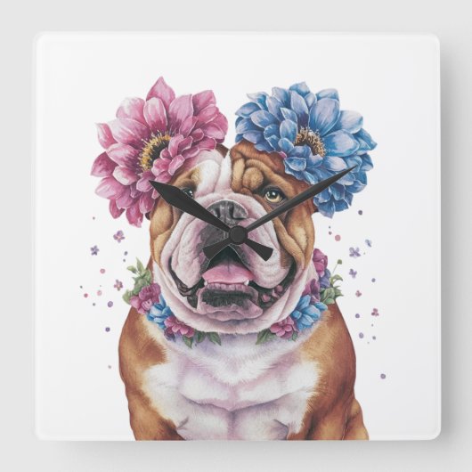 Bulldog Blume Crossover Print Quadratische Wanduhr (Vorderseite)