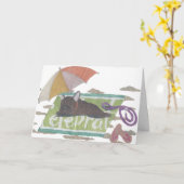 Bulldog, Brindle Frenchie, farbig, Strand Karte (Gelbe Blume)