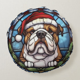 Bulldog Buntglas Weihnachten Rundes Kissen