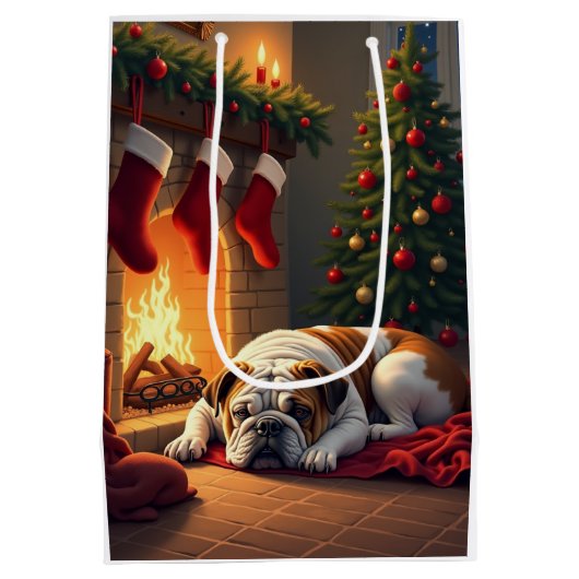 Bulldog by the Fireplace Christmas Painting Mittlere Geschenktüte (Rückseite)